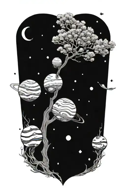 A Cosmic Scene With Planets Orbiting Around A Giant Tree In The Universe