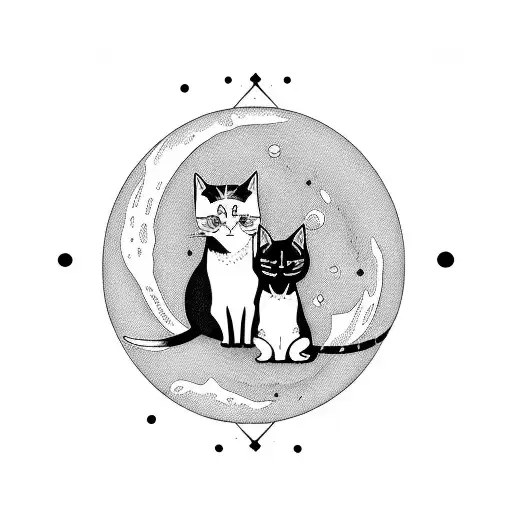 Two Cats Sitting On A Moon One Black Cat And One White