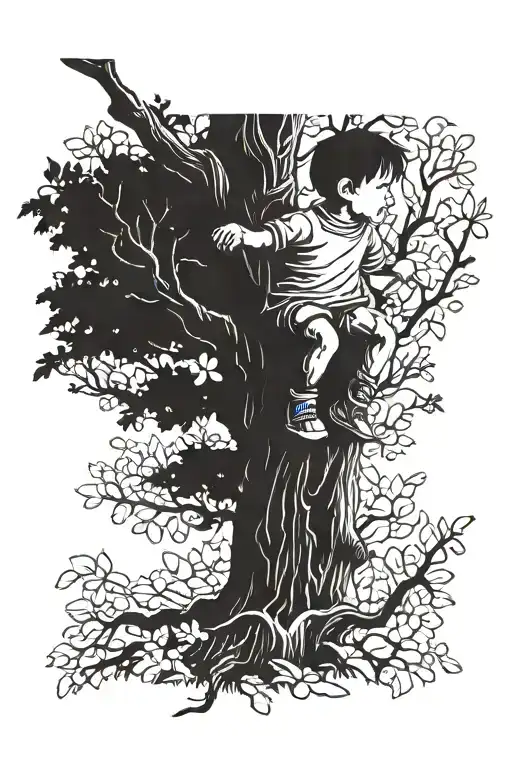 Happy Child On A Tree Looking In The Other Direction