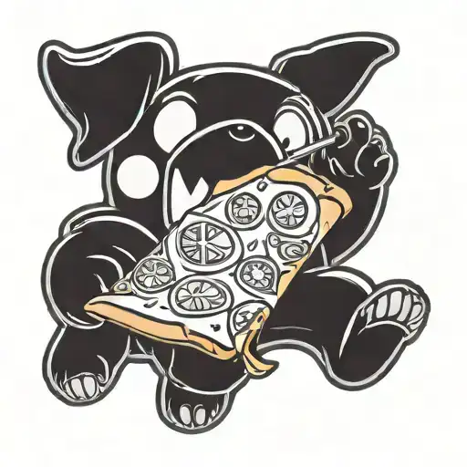 A Playful Illustration Of A Round Cartoon Character Enjoying A Large Slice Of Pizza