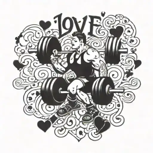 An Intricate Design Of A Weight Lifter Surrounded By Hearts And The Word 'Love' In A Stylized Font