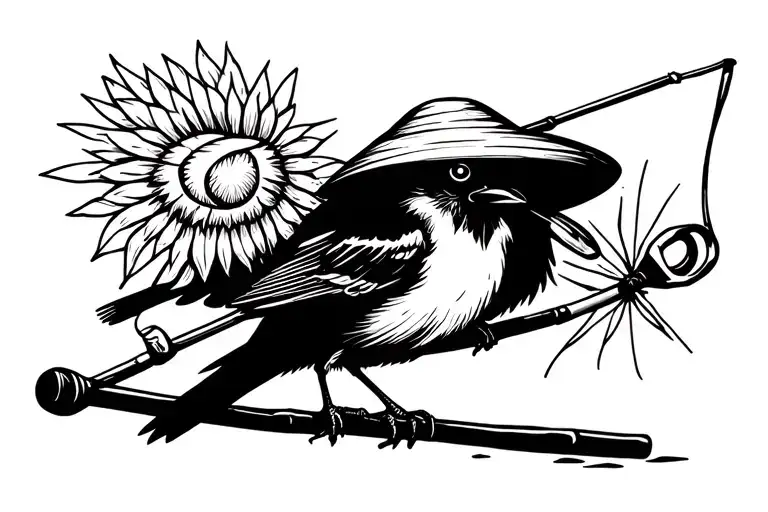 A Bird Holding A Fishing Rod And Wearing A Straw Hat