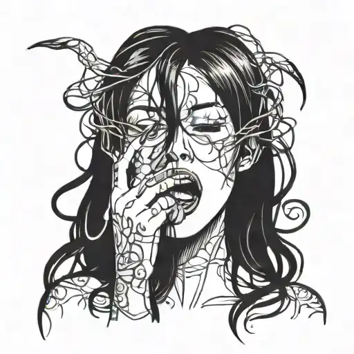 Woman's Head With Long Black Hair With Her Mouth Open And Two Thin Hands Coming Out Of It