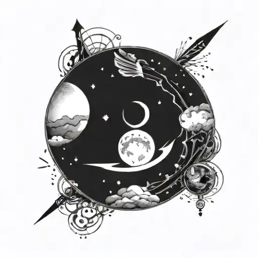 A Celestial Scene With Arrows Shooting Through A Moon Phases Cycle Strength Overcoming