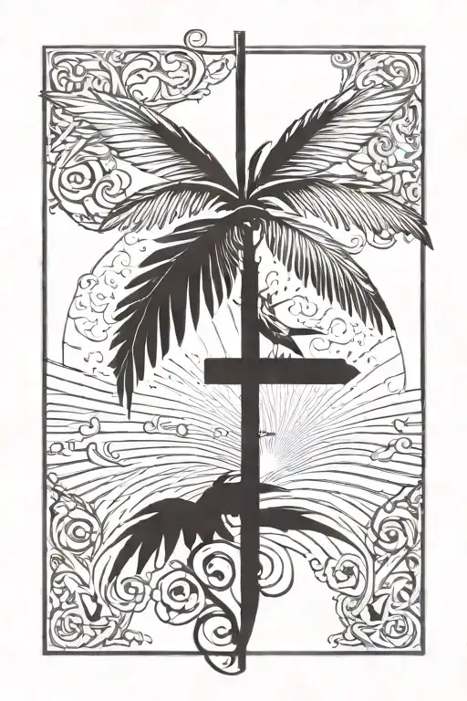 Palm Tree And Cross And Dove Flying Script
