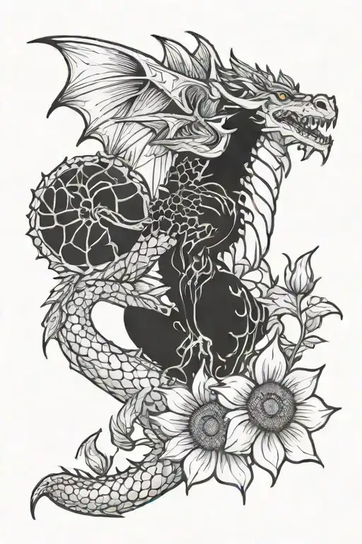 A Cool But Cute Looking Dragon Holding A Sunflower