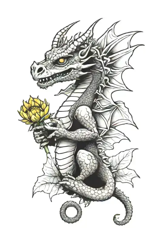 A Cute But Cool Looking Dragon Holding A Yellow Sunflower By The Stem In His Claw