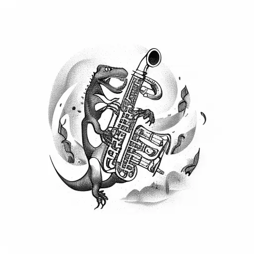 Dinosaurs Playing The Saxophone In Space With Music Notes Around Them