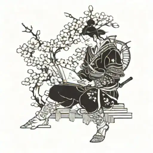 Samurai Warrior Reading A Book Under A Cherry Blossom Tree
