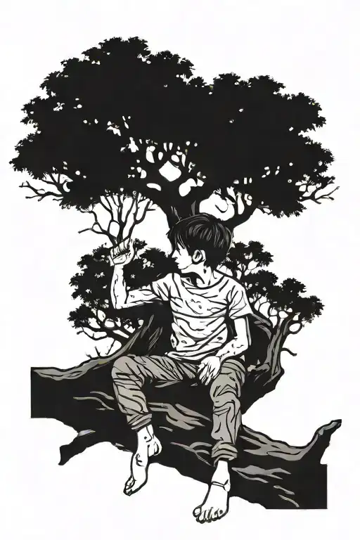 Big Tree Branches With A Small Young Boy Sitting On A Branch And Looking Into The Other Direction