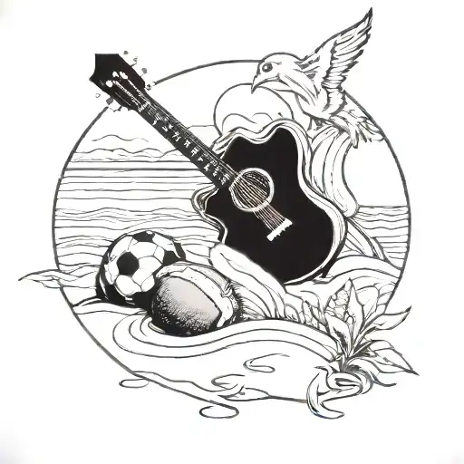 A Beach Scene With A Guitar And Football In The Sand
