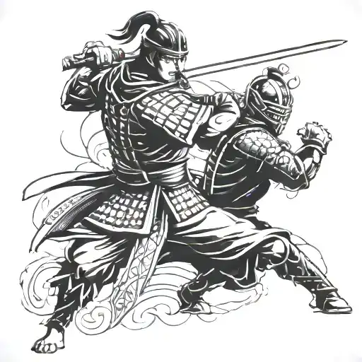 A Samurai Fighting With A Sword Against A Gladiator