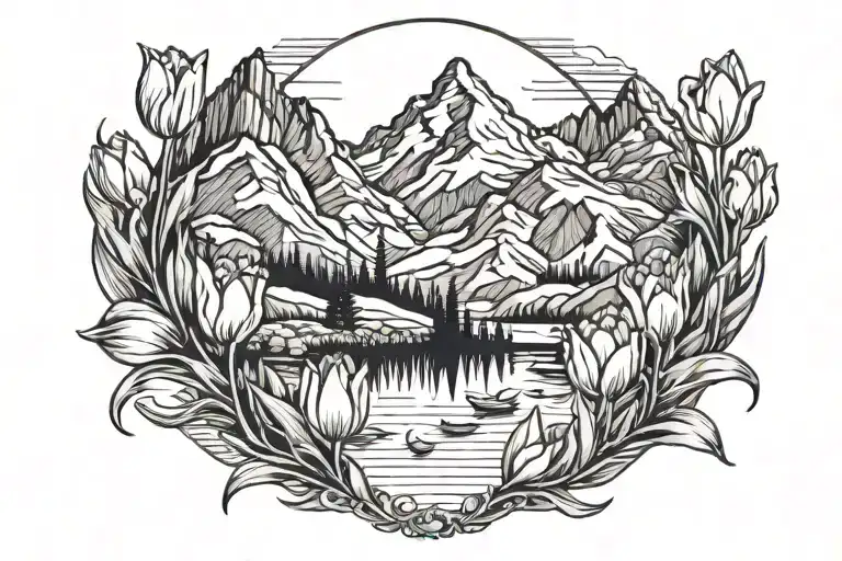Mountain Range With Lake In Front With Tulips Surrounding The Lake