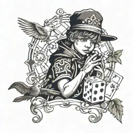 A Gambling Themed Tattoo With A Child Holding A Bird In A Blackwork Style