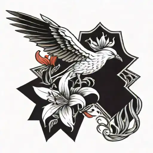 Dove Wearing Cross And Holding Red Spider Lilies While A Banner Flag Reads Velopa