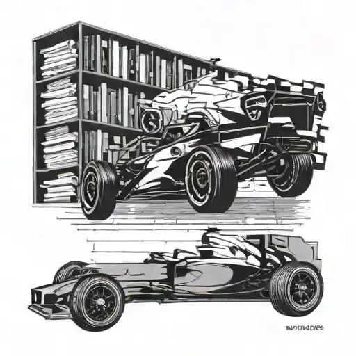 A Sleek And Modern F1 Car Racing Through A Bookshelf Filled With Classic Novels