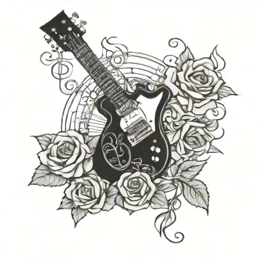 A Detailed Blackwork Tattoo Of An Electric Guitar Surrounded By Musical Notes And Roses
