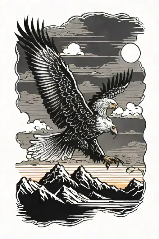 A Tattoo Of A Majestic Eagle Soaring Over A Mountain Range At Sunset