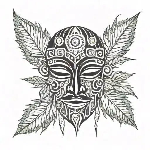 African Tribal Mask With Dreadlocks Made Out Of Cannabis Leaves