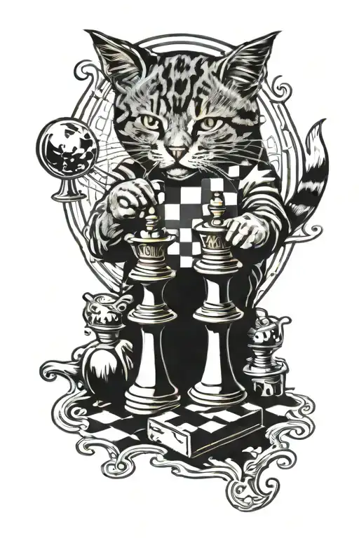 Cat Playing Chess Piece Surrounded