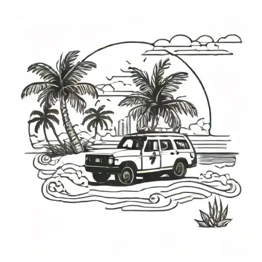 A Tropical Beach Scene With A Police Car In The Background