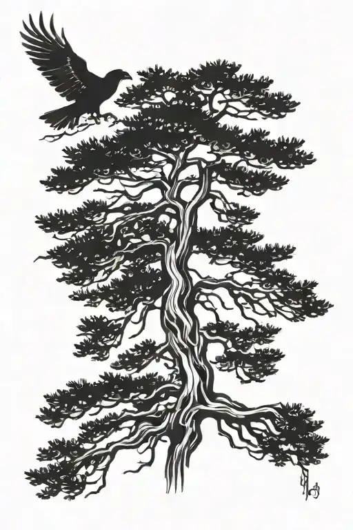 A Minimalist Sketch Of A Cedar Tree Silhouette With An Eagle Soaring Above It