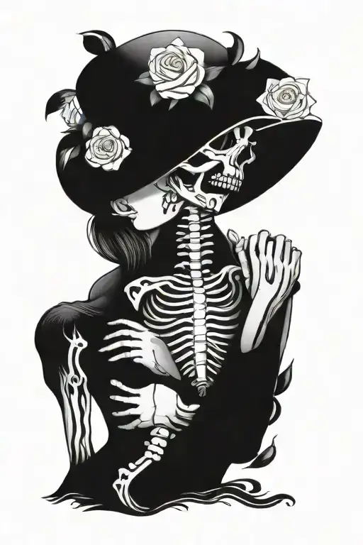 Beautiful Woman Kissing A Skeleton