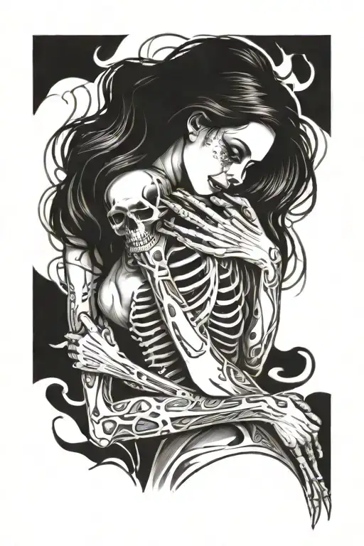 Beautiful Woman Hugging A Skeleton