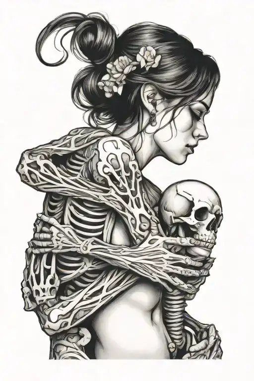 Beautiful Woman Hugging A Skeleton