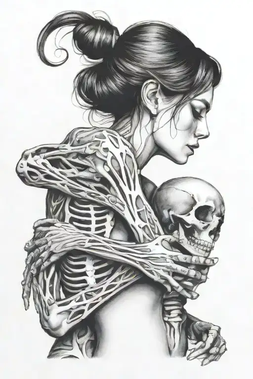 Beautiful Woman Hugging A Skeleton