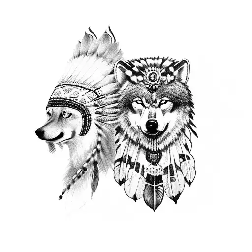 Female Indian Chief Sorrounded By A Wolf A Bear And An Owl