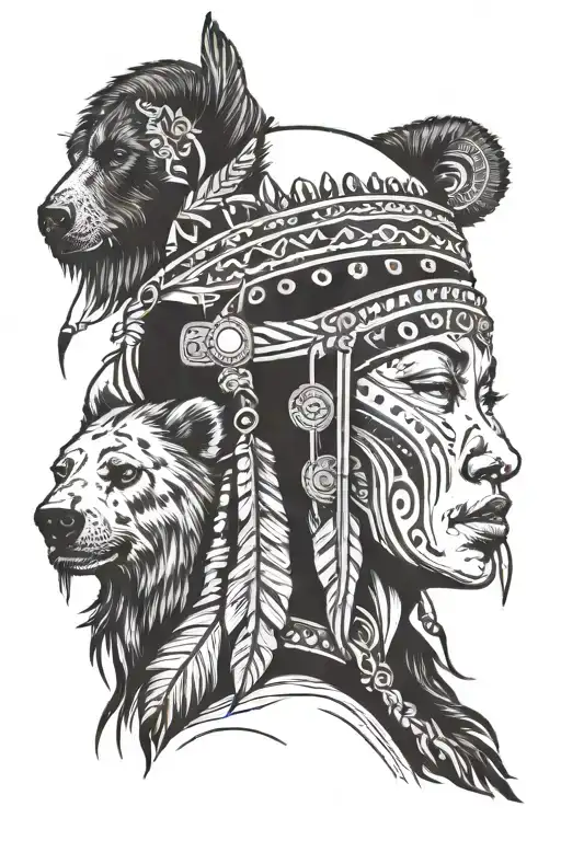 Native Woman With Bear Headdress Being Worn