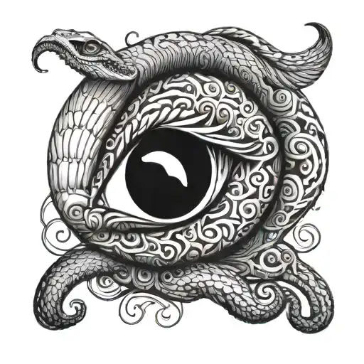 An Vertical Open Eye With A Snake Entwined And A Half Moon Placed Properly