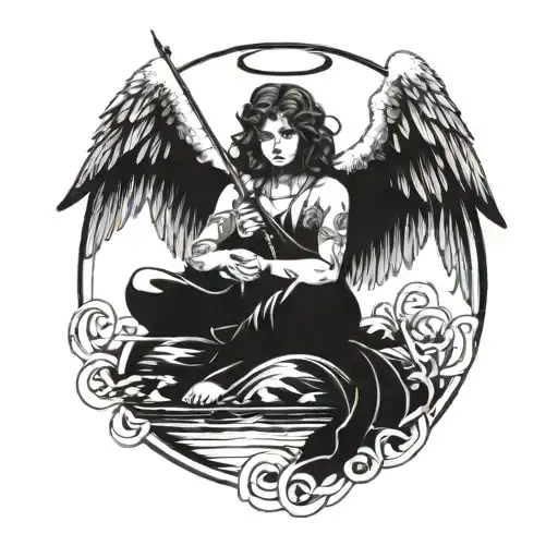 Angel With Halo And Wings Sitting Peacefully Casting Fishing Rod