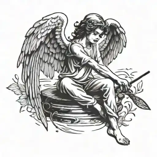 Angel With Halo And Wings Sitting Peacefully Casting Fishing Rod