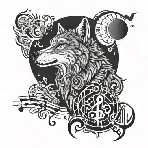 A Tattoo Design Combining Music Notes And A Wolf Howling At The Moon