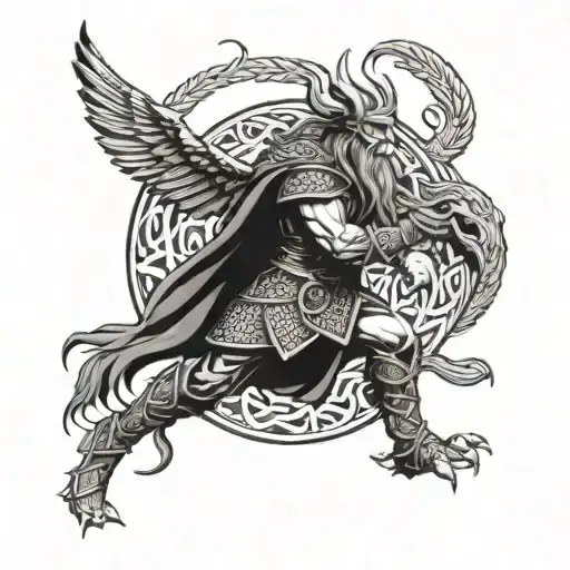 A Fierce Viking Warrior Battling A Mythical Fenix Bird In A Celtic-inspired Design