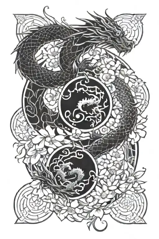 Tattoo With Dragons Inside Which Are Yin And Yang And Against The Background Of Sakura