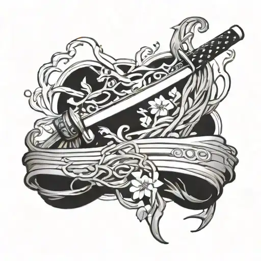 Batter Katana In Stone With Vines Growing On It