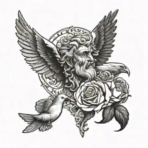 Zeus Head Nexts To A Dove Flying Over A Rose Made