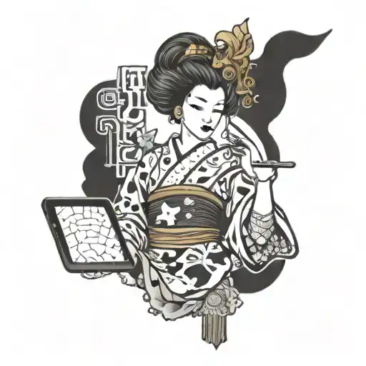 A Fusion Of Old And New Japan With A Tech-themed Tattoo Of A Geisha Holding A Smartphone