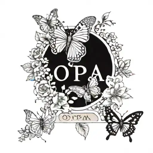 A Garden Scene With Blooming Flowers And Butterflies Intertwined With The Word 'Opa'