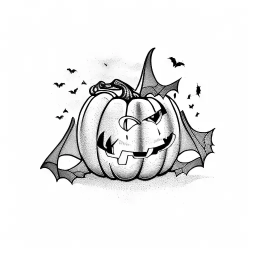 Pumpkin With Bats And A Raven