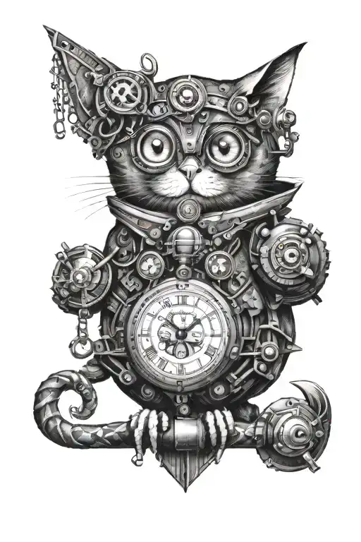 A Rebellious Cat With A Pocket Watch And A Steampunk Owl In A Mechanical Cityscape