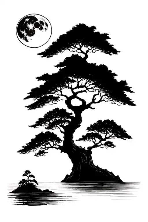 Landscape Tree Sea And Sky With Moon And Sun