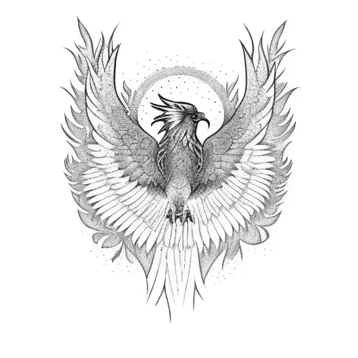 Phoenix Bird Rising From Ashes In A Forest Surrounded By Mountains