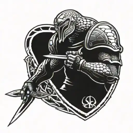 Side Profile Goliath In Snake Armour Holding Sword And Shield