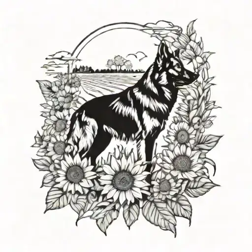 Silhouette Of A Girl And A German Shepherd In A Field Of Sunflowers