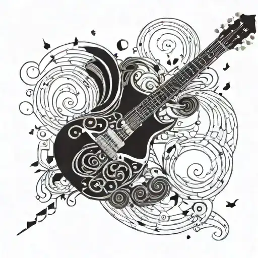 A Guitar With Intricate Details And Musical Notes Intertwined In The Design