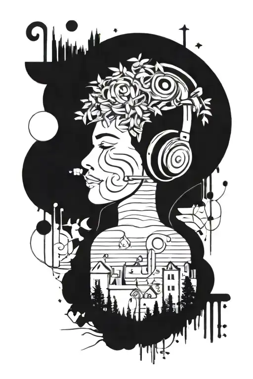 A Minimalist Tattoo Design Of A Person Listening To Music In A Park Surrounded By Art Supplies